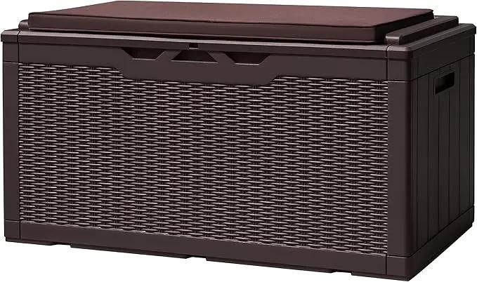 Devoko 100 Gallon Deck Box, Waterproof Resin Outdoor Storage Box with Cushion for Outside and Patio, Large Outdoor Storage Bench Cabinet Lockable for Patio Furniture and Garden Tools (Deep Brown) by GreenHaven Gardens