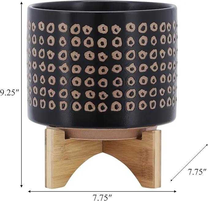 Sagebook Home 9.25" H 8" Diameter Natural Sand and Deep Brown Glazed Ceramic Dotted Planter on Brown Rubberwood Stand for Indoor and Outdoor Decorating by GreenHaven Gardens