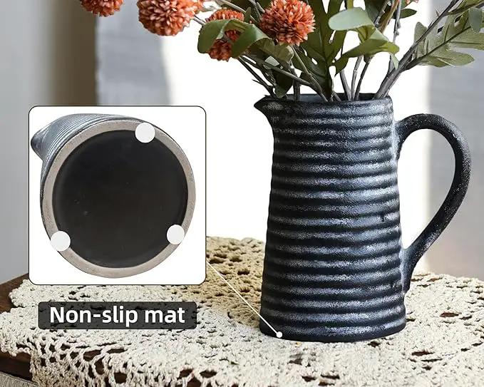 Quoowiit Ceramic Rustic Vase with Handle, Black Distressed Decorative Farmhouse Pitcher Vase for Home Decor Living Room Bedroom Kitchen Office Shelf Decor Centerpiece Table Decoration by GreenHaven Gardens