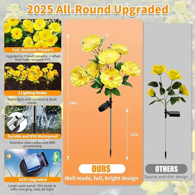 Neporal Solar Flowers Outdoor Waterproof, 4PK 7-Stem Yellow Camellia with 2 Lighting Modes & Romantic Warm Light, Solar Lights Outdoor Decorative for Garden, Yard, Pathway, Gardening Gifts for Women by GreenHaven Gardens