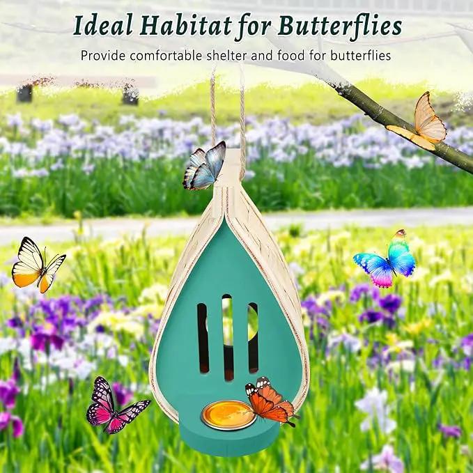 2 Pcs Butterfly House and Feeder, Wooden Hanging Butterfly House for Garden, Natural Butterfly Habitat with Butterfly Puddler for Bugs, Butterflies, Moths, Lacewings by GreenHaven Gardens