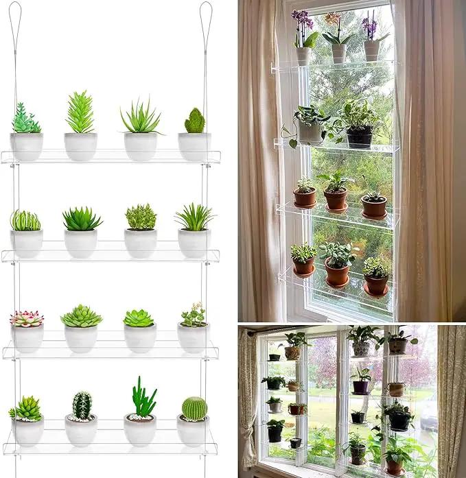 Clear Hanging Window Plant Shelves,2-Pack 4-Tier,Indoor Windows Wall Hanging Plant Stand Flower Display,Flower Pot Organizer Storage for Window Grow Herbs,Microgreens,Succulents,Flowe4,16-Inch by GreenHaven Gardens
