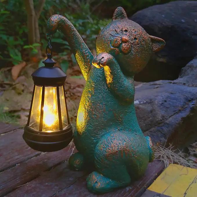 JOYBEE Garden Statues Cat with Solar Lantern Outdoor Decor-Cat Solar Figurines Lights Decorations for Patio Yard Lawn Ornaments-Gifts for Birthday Easter Housewarming by GreenHaven Gardens