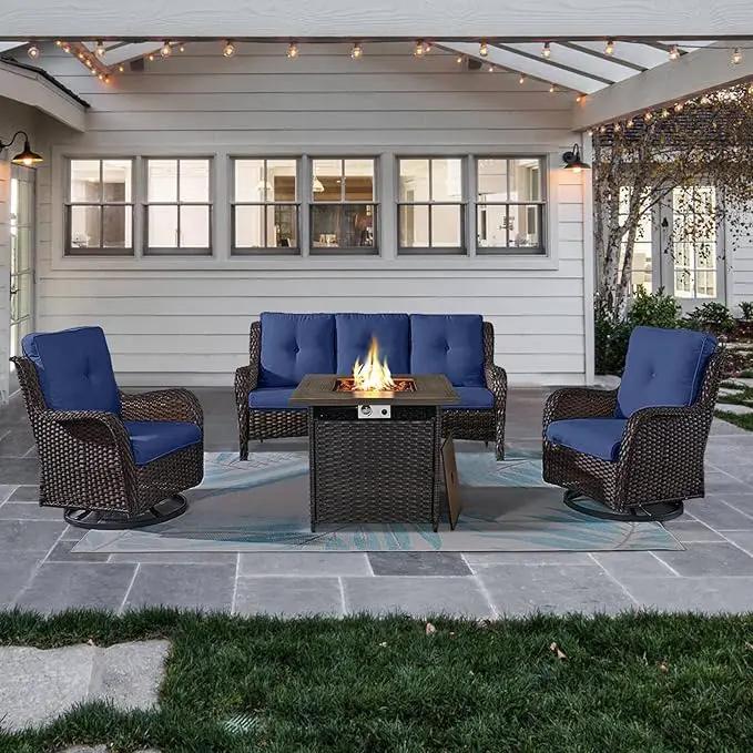 Outdoor Patio Furniture Set with 50000BTU Propane Fire Pit Table, 4 Pieces Wicker Patio Conversation Set with 2 Swivel Rocker Glider Chairs Rattan Sofa Blue Cushion Perfect for Gathering by GreenHaven Gardens