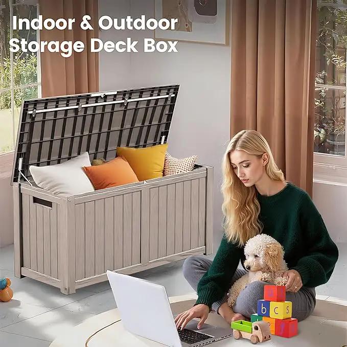 120 Outdoor Storage Box, Waterproof Resin Deck Box for Indoor & Outdoor Use, Lockable Storage Bench with Piston Hinge, Storage Bin for Patio Cushions, Garden Tools, Package Delivery, Grey by GreenHaven Gardens