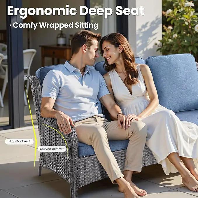 ovios 5 Pieces Patio Furniture Set with 42" Fire Pit Table, Outdoor Wicker Sofa with Loveseat, Comfy Cushions, High Back Couch Conversation Set, Grey Rattan, Denim Blue by GreenHaven Gardens