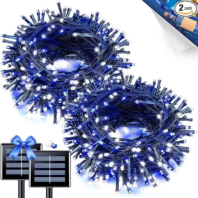 JMEXSUSS 2 Pack Blue and White Solar String Lights, Each 100 LED 33ft Solar Christmas Lights Outdoor Waterproof, 8 Modes Green Wire Solar Lights for Outside Garden Patio Party Decoration by GreenHaven Gardens