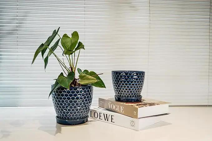 Docrin Ceramic Plant Pots Indoor: 6.6 + 5.5 Inch Planters with Drainage Holes and Saucer for Home/Office - Set of 2 /Blue Honeycomb by GreenHaven Gardens