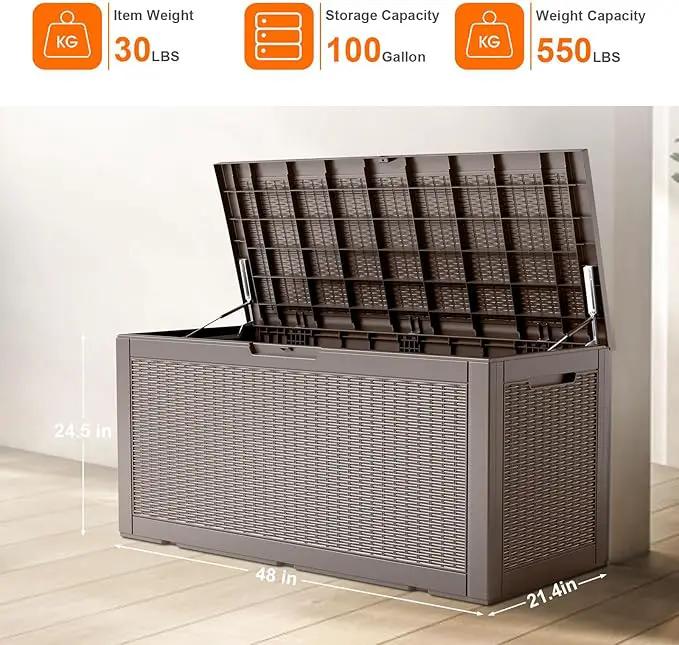 100 Gallon Resin Deck Box, Lockable Patio Outdoor Storage Box for Furniture, Garden Tools and Tools Storage, Waterproof Outside Storage Boxes - Grey by GreenHaven Gardens