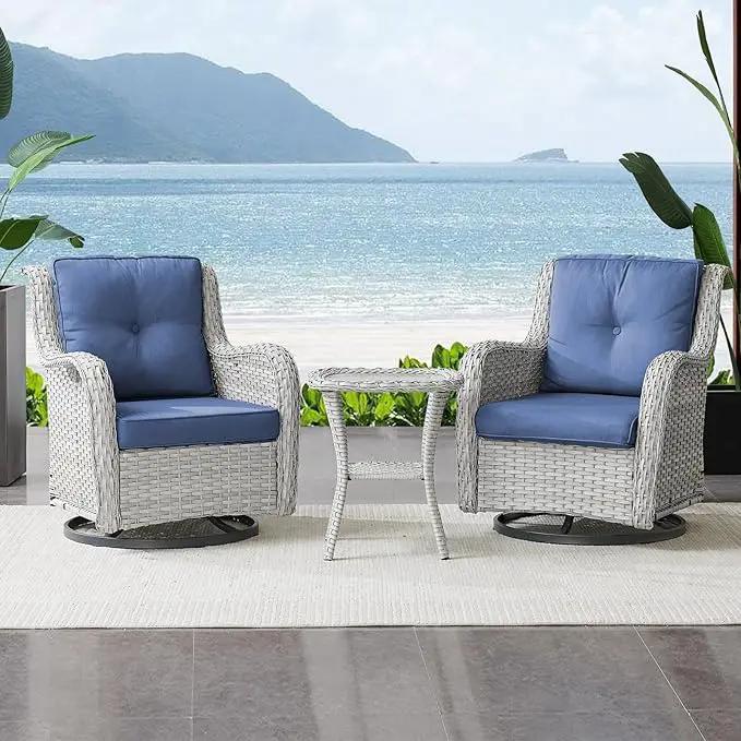 Outdoor Swivel Rocker Patio Chairs Set of 3,High Back Swivel Patio Chairs Wicker Furniture Set,2 PCS Rattan Swivel Rocking Chair with Side Table,Light Grey Wicker (A089-2) by GreenHaven Gardens