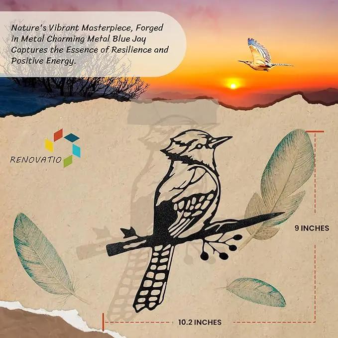 Renovatio Metal Bird Decor – Rustic Bluejay Decoration, Metal Garden Sculpture, Outdoor Tree Ornaments – A Unique Outdoor Yard Decor – Bluejay (Black) by GreenHaven Gardens
