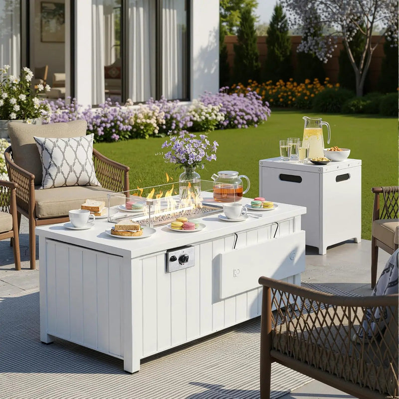 KOL 50,000 BTU Propane Fire Pit Table with Cabinet-39.5in White Gas Fireplace with Glass Wind Guard & Lid, Outdoor Rectangular Cold Rolled Plate Plastic Spraying Firepits for Patio, Backyard, Balcony by GreenHaven Gardens