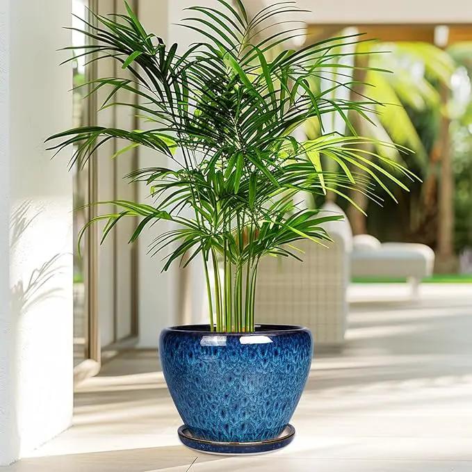 8 Inch Ceramic Plant Pot, Ceramic Planter Pot for Indoor Outdoor Plants, Round Flower Pot with Drainage Hole and Saucer, Blue by GreenHaven Gardens