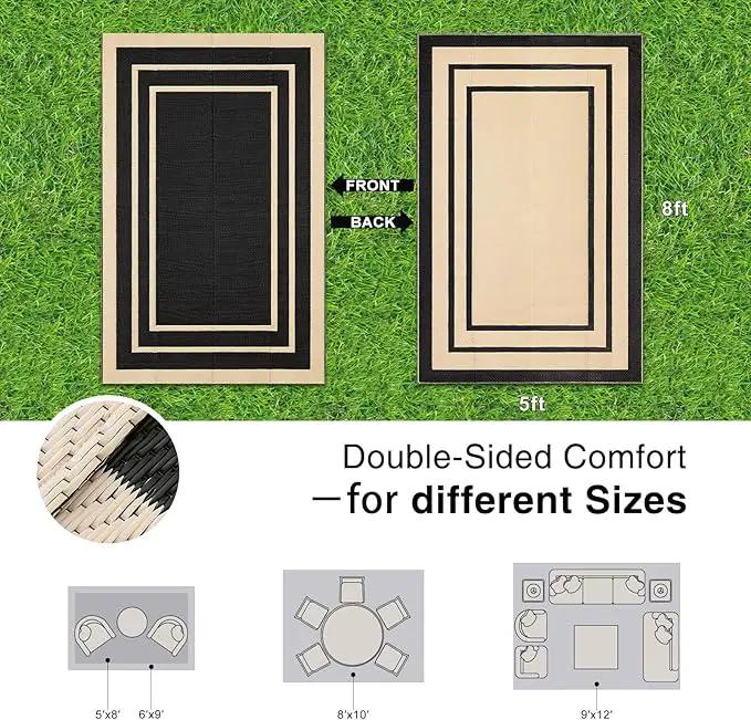 OLANLY Outdoor Rug 5x8 ft Waterproof, Reversible Outdoor Plastic Straw Rug, RV Mat, Indoor Outdoor Carpet Clearance for Patio, Camping, Balcony, Deck, Backyard, Black & Beige by GreenHaven Gardens