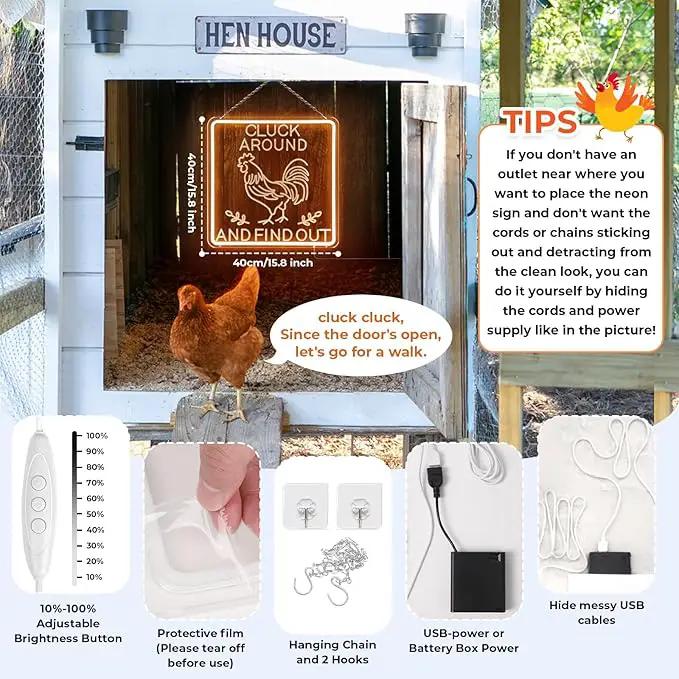 Funny Cluck Around and Find Out Large Neon Sign Dimmable, Rooster Decor 16 X 16 Inch Kitchen Decor for Farmhouse, Chicken Coop, Garden, Farm House Decoration, Rooster Gifts by GreenHaven Gardens