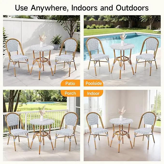 3 Piece French Wicker Bistro Set, Patio Bistro Set with Table and 2 Dining Chairs, All Weather ‎Outdoor ‎Bistro Set with Aluminum Frame, Outdoor Patio Set for Patio Porch Cafes Yard, Navy and White by GreenHaven Gardens