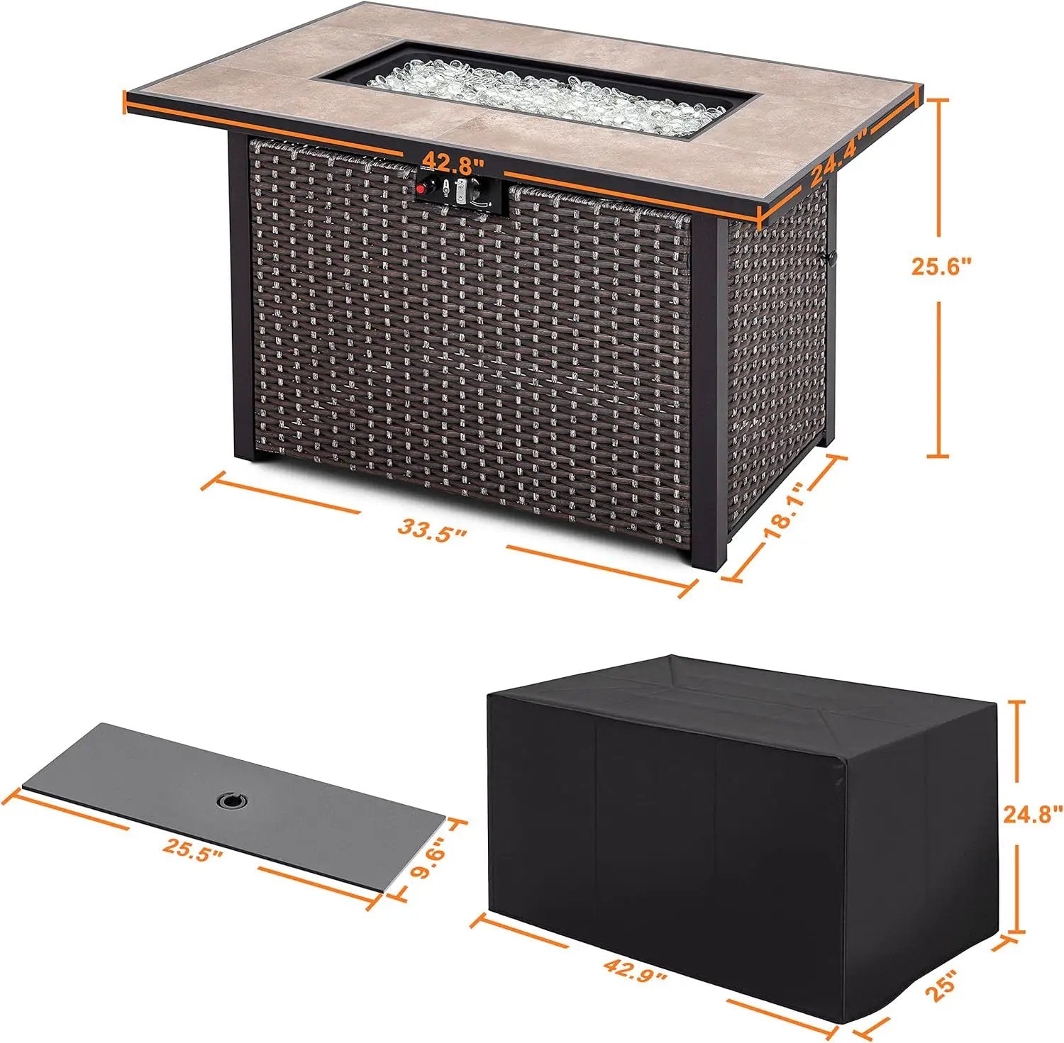 Nuu Garden Propane Fire Pit Table, CSA Certified 43 Inch 50,000 BTU Outdoor Propane Gas Fire Pit Table, Propnae Fire Pit with Ceramic Tabletop, Oxford Cover, 7 lbs Glass Stone, Dark Brown and Coffee by GreenHaven Gardens