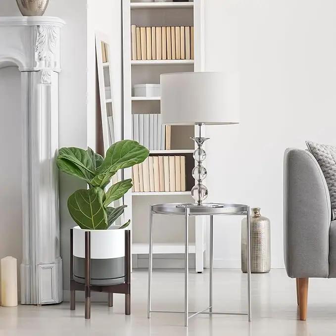 D'vine Dev Ceramic Planter with Walnut Color Stand - 10 Inch Modern Round Flower Pot with Wood Planter Holder, White/Grey, 55-B-X-6 by GreenHaven Gardens
