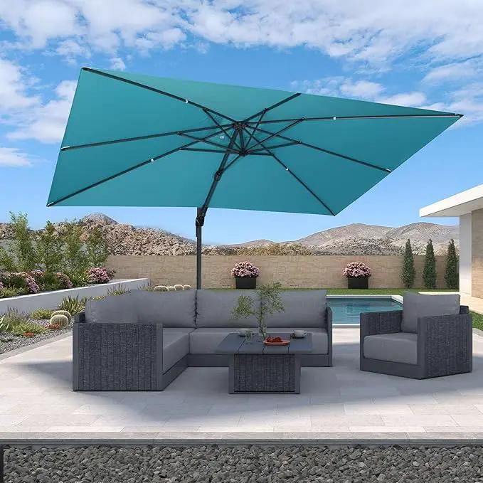 PURPLE LEAF 9' X 12' Right-left Tilt Patio Umbrella with Base Outdoor Cantilever Swivel Rectangle Umbrella Aluminum Offset Umbrella with 360-degree Rotation for Garden Deck Pool Patio Turquoise Blue by GreenHaven Gardens