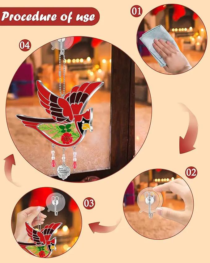 KY&BOSAM Best Friend Forever Cardinal Suncatcher Gifts for Friend Hand-Painted Garden Ornament Hanging Wind Chime with Pressed Flower Cardinal Embedded in Glass Mother`s Day Birthday Christmas by GreenHaven Gardens
