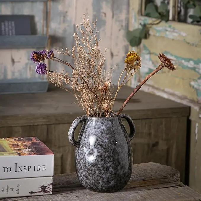 Black Ceramic Vase with 2 Handles, Modern Farmhouse Decor, Rustic Terracotta Pottery, Decorative Flower Vases, Clay Small Vase, Centerpiece for Dining Table - 7 Inch Tall by GreenHaven Gardens
