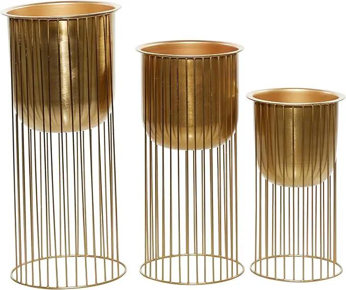 Deco 79 Metal Indoor Outdoor Planter Deep Recessed Dome Large Planter Pot with Elevated Caged Stand, Set of 3 Planters 24", 20", 16"H, Gold by GreenHaven Gardens
