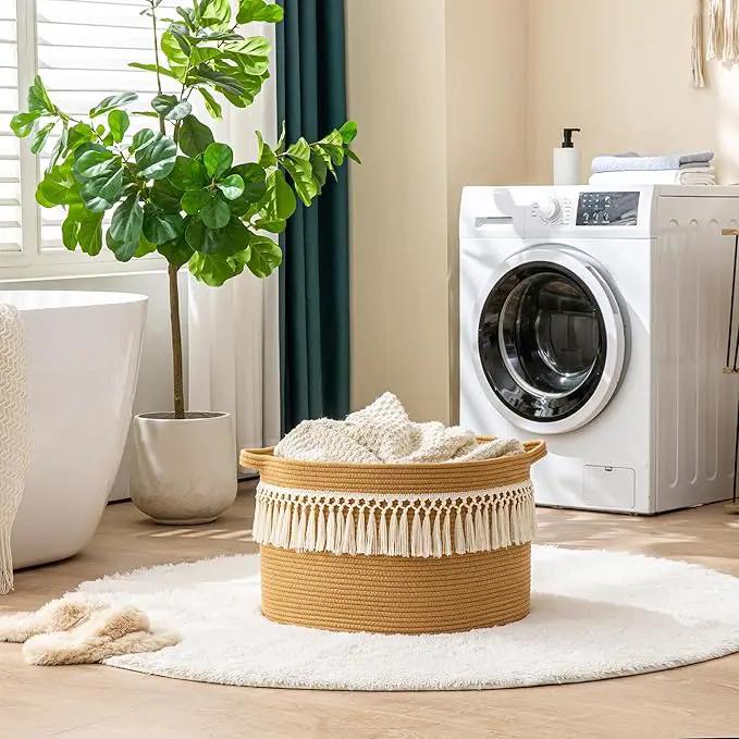 KAKAMAY Large Blanket Basket (20"x13"),Woven Baskets for storage Baby Laundry Hamper, Cotton Rope Blanket Basket for Living Room, Laundry, Nursery, Pillows, Baby Toy chest (Brown Fringe) by GreenHaven Gardens