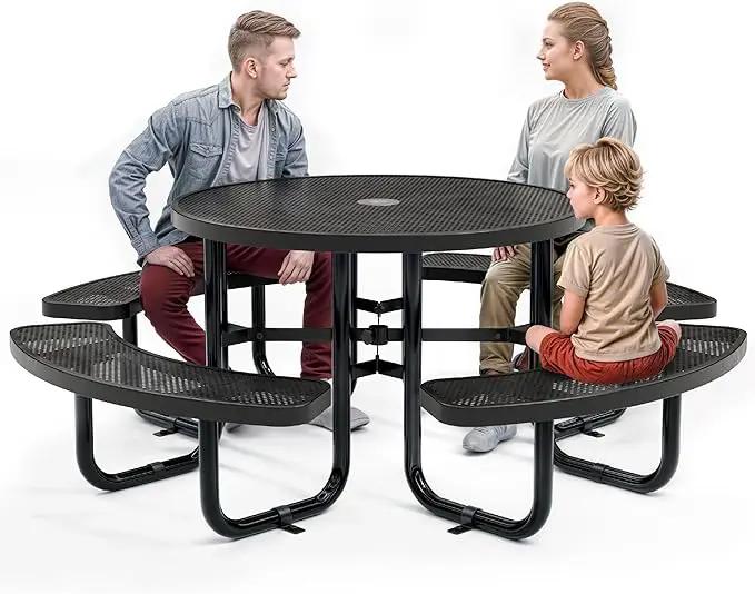 Metal Picnic Tables for Outdoors with Umbrella Hole - Coated Steel Heavy Duty Commercial Grade Table with Adjustable Seats (Black, 46 in, Round, Punched Steel) by GreenHaven Gardens