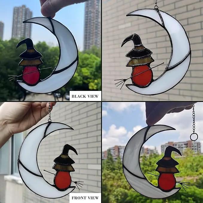 Witch On Moon Stained Glass Window Hanging Panel, Suncatcher for Windows, Witch Decor Riding Moon Face Sun Catcher Halloween Ornament. by GreenHaven Gardens