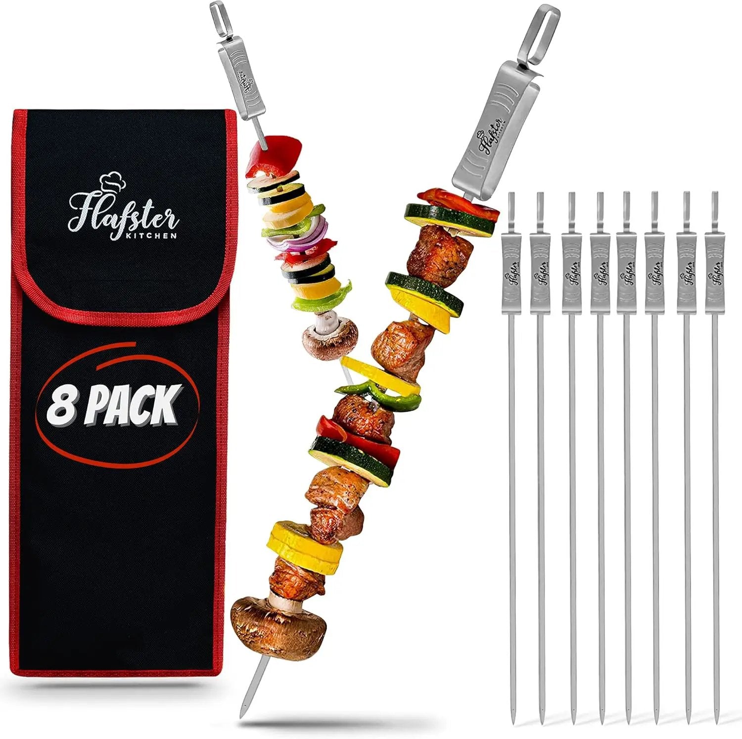"FLAFSTER KITCHEN BBQ Skewers for Grilling - 16" Stainless Steel Flat Kebab Sticks with Push Bar, Reusable Metal Shish Kabob Skewers, Set of 6" by GreenHaven Gardens