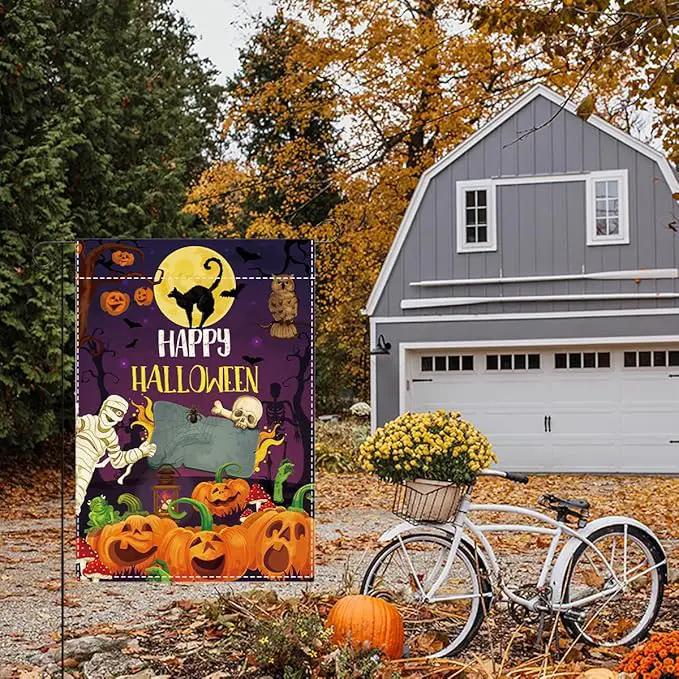 Happy Halloween Garden Flag Halloween SpookyGhost Skeleton Bats Garden Flag 12x18 inch Double Sided Holiday Decorations for Yard Outside Lawn (Flay 1811) by GreenHaven Gardens