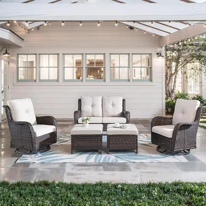 5 Piece Outdoor Patio Furniture Set - Wicker Furniture Patio Conversation Set, Outdoor Swivel Rocker Chairs with Loveseat Sofa and 2 Ottomans for Small Space, Beige Cushion by GreenHaven Gardens