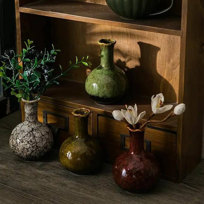 JOJUNO Glazed Rustic Bud Vase Set of 4 - Small Ceramic Mini Pottery Vases in White, Yellow, Green, Red - Ideal for Fresh & Dried Flowers - Modern Farmhouse Décor for Living Room, Shelves, Dining Table by GreenHaven Gardens