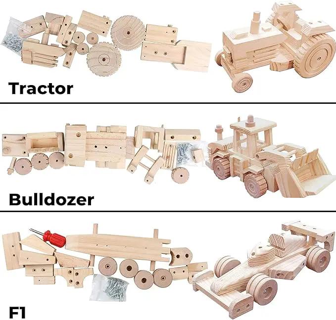 Kraftic Woodworking Building Kit for Kids, with 3 Educational DIY Carpentry Construction Wood Model Kit Toy Projects for Boys and Girls- Tractor, Bulldozer and Racing Car by GreenHaven Gardens