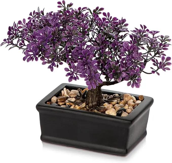 Artificial Bonsai Tree Juniper Faux Plants Indoor Fake Plants Decor with Black Ceramic Pots for Home Table Office Desk Bathroom Shelf Bedroom Living Room Farmhouse Decorations-Purple by GreenHaven Gardens