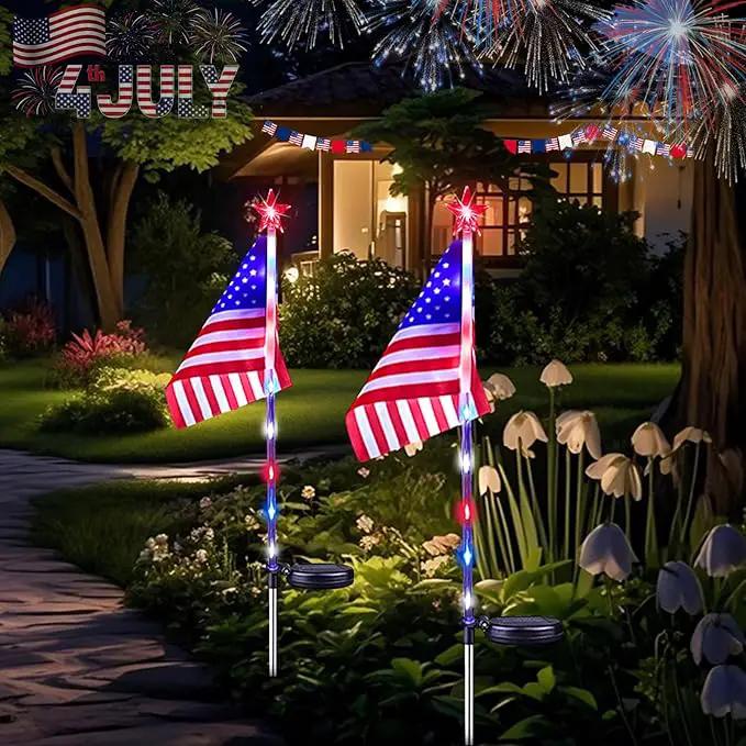 4th of July Decorations Outdoor Solar Lights, 2 Pack Red White and Blue Star Lights for National Day with American Flag, 2 Modes Waterproof Solar Patriotic Light for Independence Memory Day Yard Path by GreenHaven Gardens