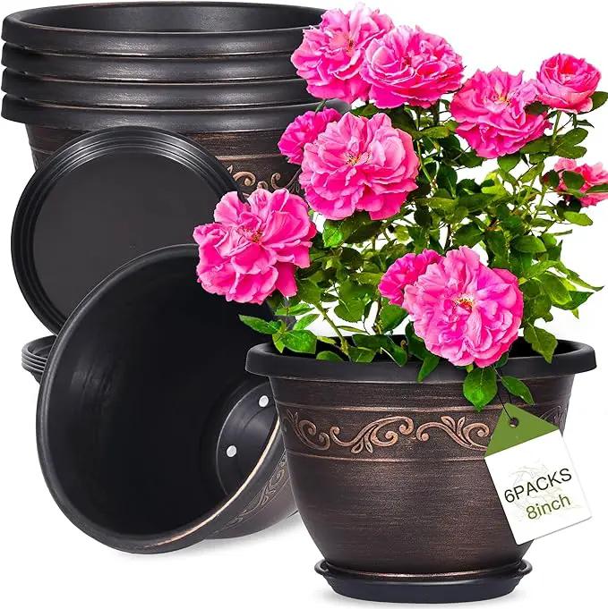 Plastic-Plant-Flower-Planters-8 Inch with Drainage Hole & Saucer, 6 Packs Lightweight Small Resin Flower Pot Indoor Outdoor, Retro Antique Imitation Decorative Garden Containers Sets for Houseplants by GreenHaven Gardens