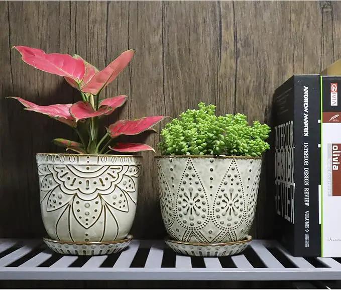 Gepege 6 Inch Beaded Ceramic Planter Set of 2 with Drainage Hole and Saucer for Plants, Indoor-Outdoor Large Round Succulent Orchid Flower Pot (Smoked Gray, Inner-pots not Larger Than 5 Inch) by GreenHaven Gardens