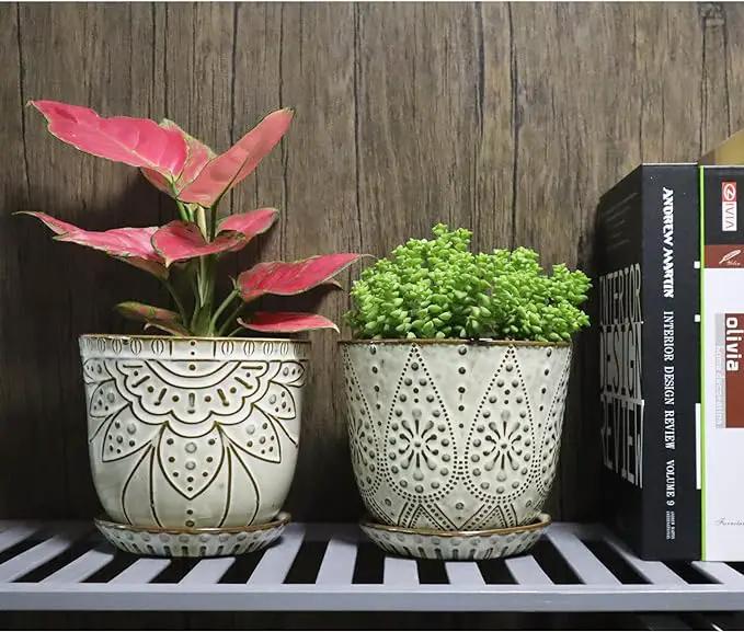 Gepege 6 Inch Beaded Ceramic Planter Set of 2 with Drainage Hole and Saucer for Plants, Indoor-Outdoor Large Round Succulent Orchid Flower Pot (Smoked Gray, Inner-pots not Larger Than 5 Inch) by GreenHaven Gardens
