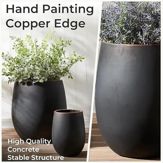 17.7"+13.3"+9.5" Dia Round Concrete Planter Set of 3, Large Outdoor Planter, Black with Gold Rim, Flower Pots with Drainage Holes for Garden, Patio, Home, Office by GreenHaven Gardens