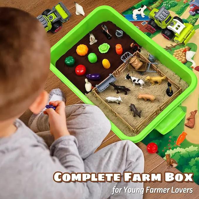 69 PCS Farm Sensory Bin Toys Playset, Sandboxes with Sand, Farmer Tractor & Farm Animals Figures Toys for Kids 3 4 5, Gifts for 6 7 Years Old Boys Girls Toddlers by GreenHaven Gardens