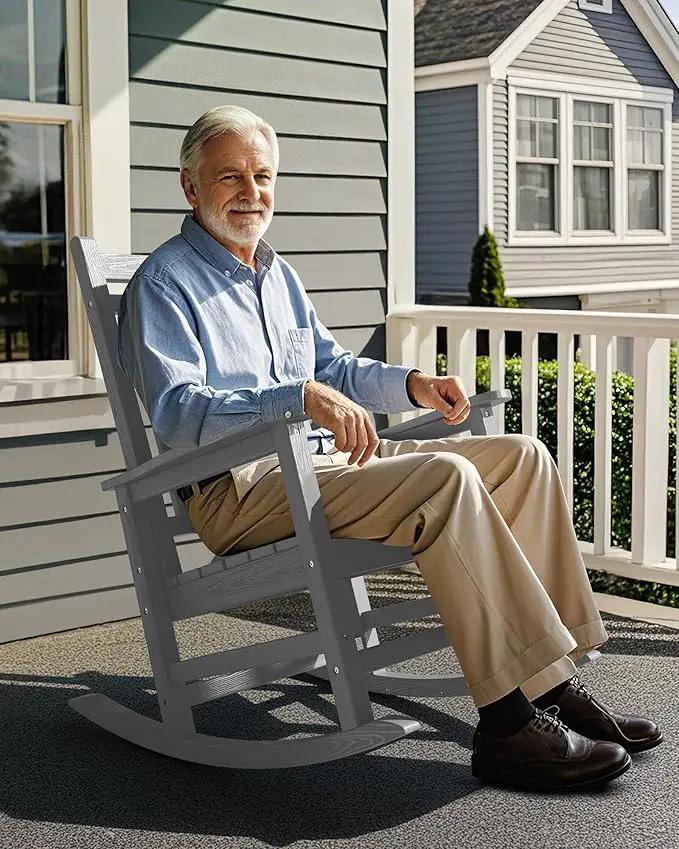 SERWALL Oversized Outdoor Rocking Chair Set of 4, HDPE Rocker for Adults, Patio Rocking Chairs for Porch, Sliver Gray by GreenHaven Gardens