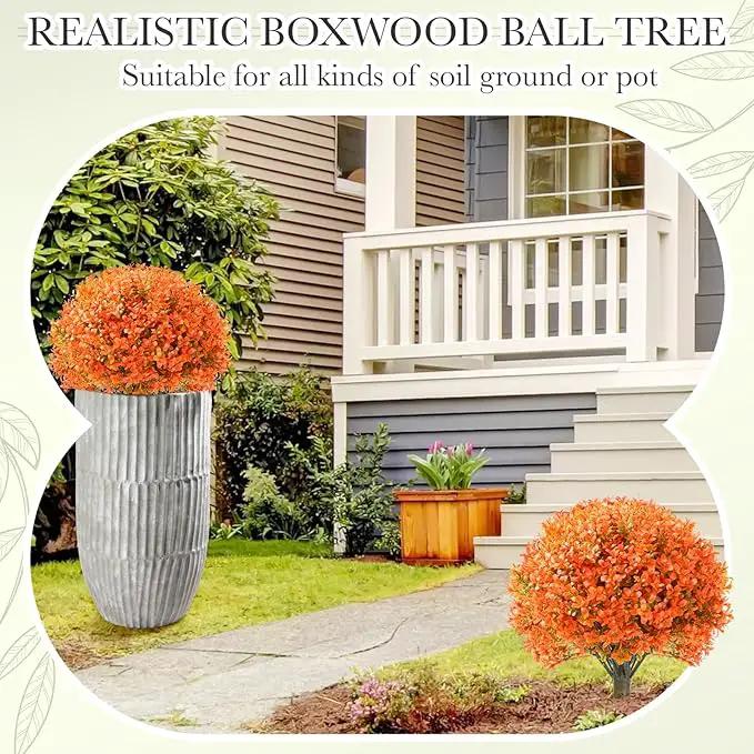 Yunlly 2 Pack 18" Artificial Boxwood Ball Bush Topiary Trees Fake Outdoor Plants, Realistic UV Resistance Faux Shrubs with Spike Greenery Topiary for Front Porch Garden Yard Patio Indoor (Orange) by GreenHaven Gardens