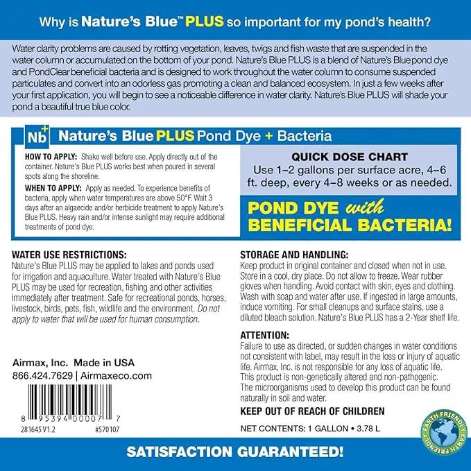 Airmax Pond Dye Plus, Nature's Blue Colorant & Natural Beneficial Bacteria, Large Pond & Lake Water Clarifier & Color Treatment, Shade Plants & Algae from Sunlight, Fish & Livestock Safe, 1 Gallon by GreenHaven Gardens