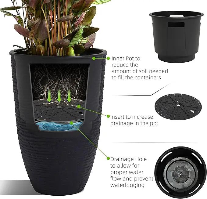 WORTH Garden 2-Pack 21" H. Black Tall Planters with Inside Pots - 14'' Dia Plastic Large Round Plant Tree Pots - Decorative Imitation Stone Finish for Indoor Outdoor Front Porch Container Patio by GreenHaven Gardens