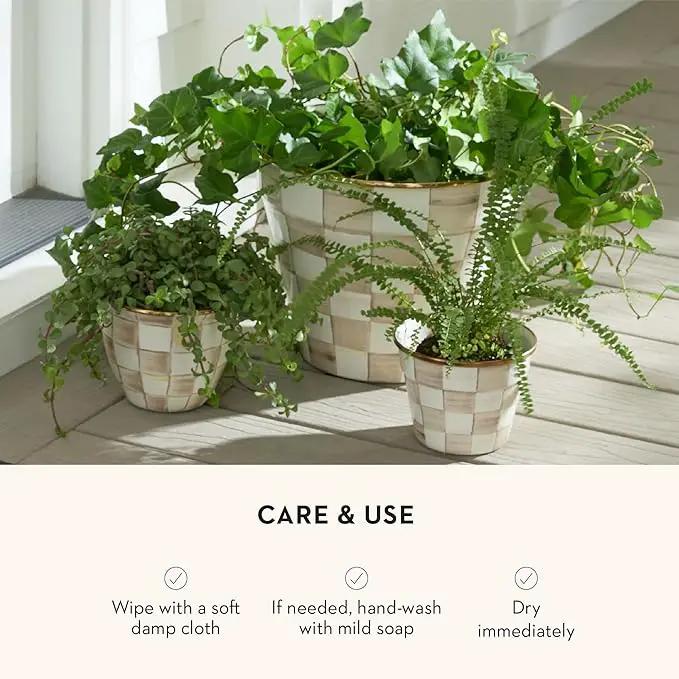 MACKENZIE-CHILDS Enamel Garden Pot, Decorative Pot for Plants, Outdoor Flowerpot Decor, Extra Large, Brown-and-White Mocha Check by GreenHaven Gardens