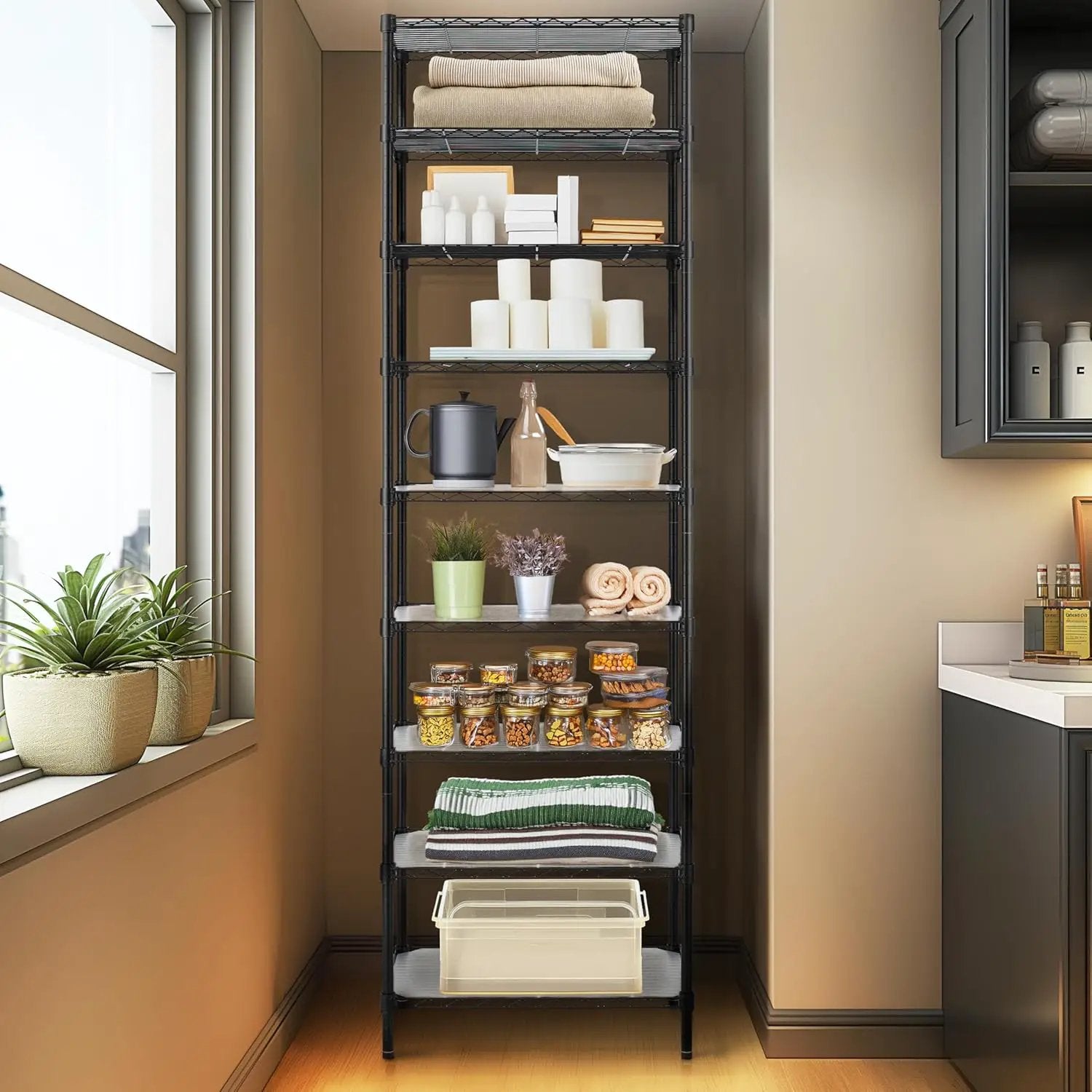 Finnhomy 9-Tier Wire Shelving Unit Adjustable Steel Wire Rack Shelving, 81 Inches Height 9 Shelves Metal Storage Rack, Pantry Shelves for Storage with PE mat, NSF Certified, Black by GreenHaven Gardens