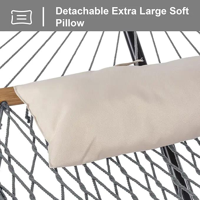 SUNCREAT Rope Hammock with Stand Included, Portable Double Hammock with Soft Pillow, Gray by GreenHaven Gardens