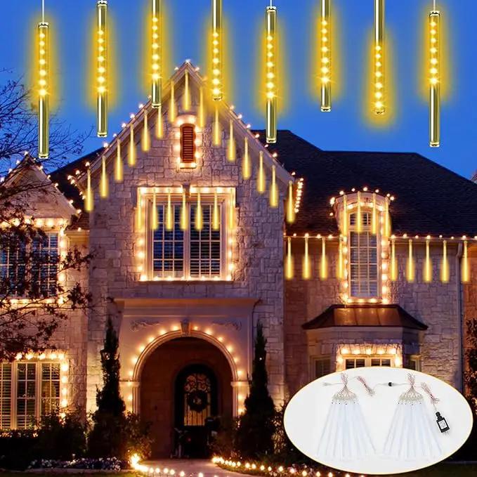 YIQU 2-Pack Extendable Meteor Shower Christmas Lights - 16 Tubes, 384 Led Icicle Lights Perfect for Outdoor, Patio Decorations (Warm White) by GreenHaven Gardens