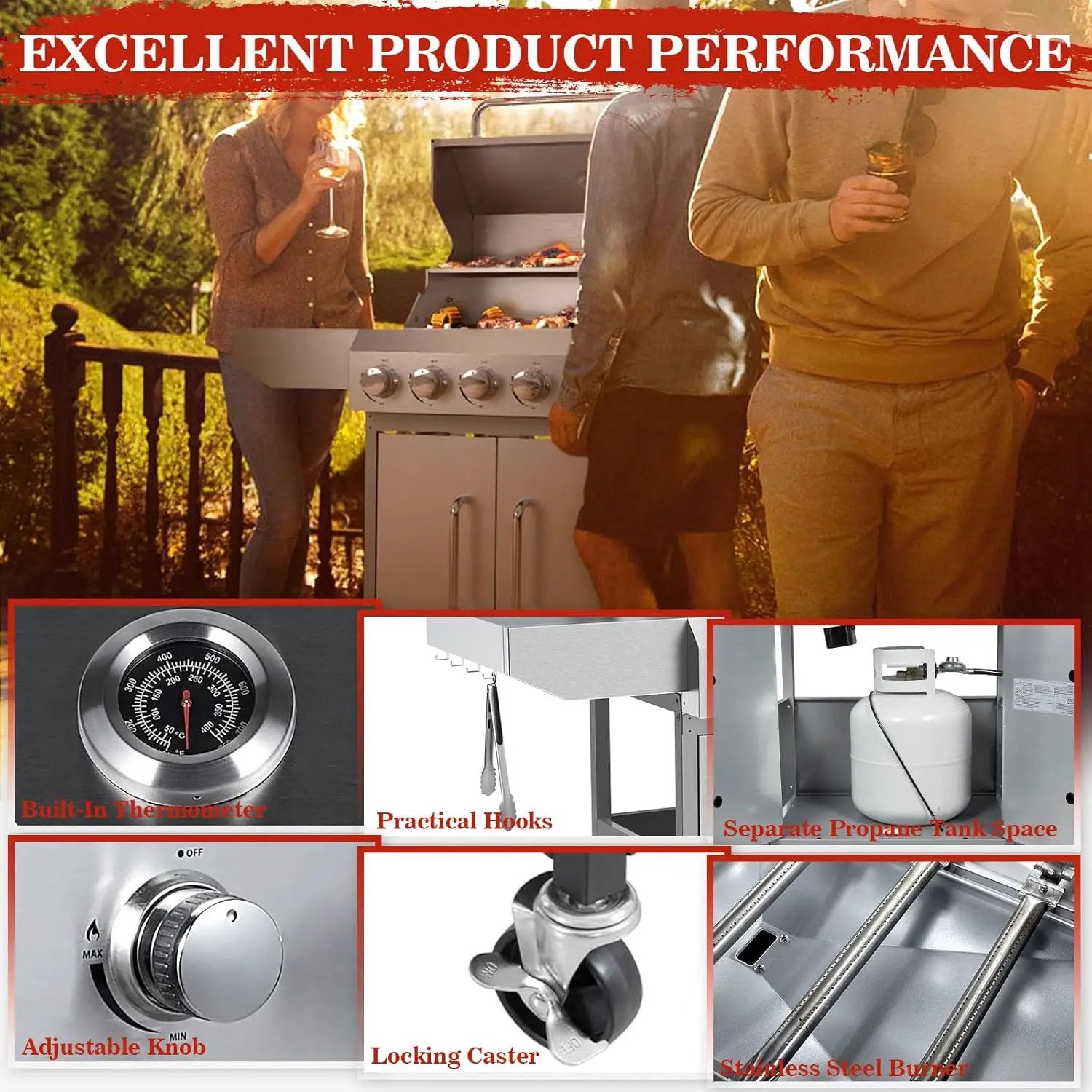 Llamaviva 68,000 BTU 5-Burner Propane Gas Grill with Side Burner & Food Clip | Professional Stainless Steel Outdoor BBQ Grill | 647 sq in Cooking Space + Warming Rack | Patio Cart Design for Backyard by GreenHaven Gardens
